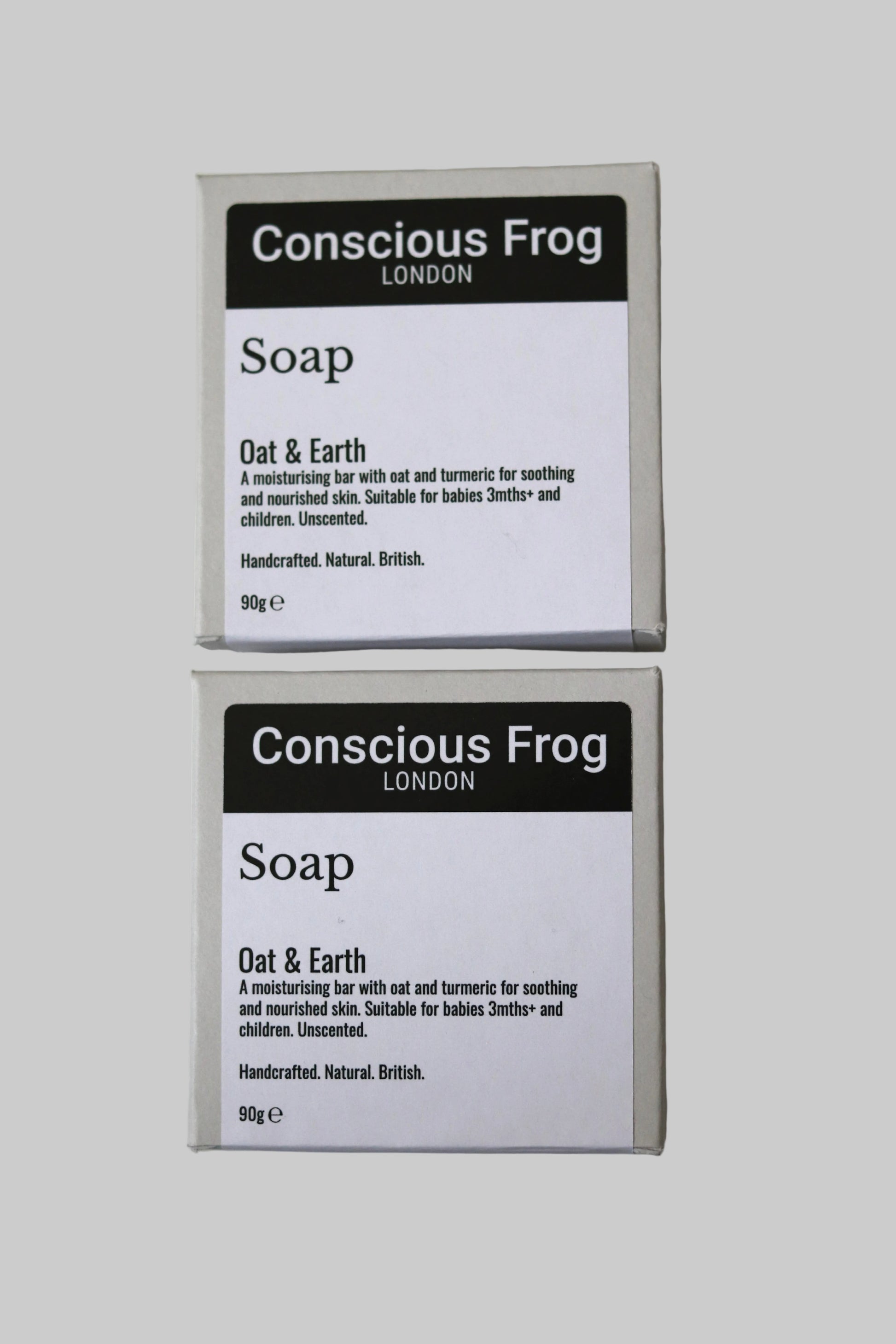 Two boxes of Conscious Frog London soap on a white background