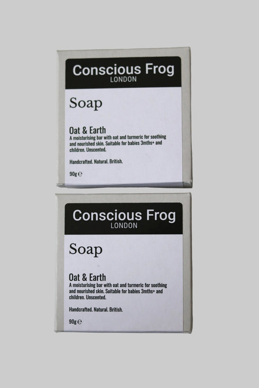 Two boxes of Conscious Frog London soap on a white background